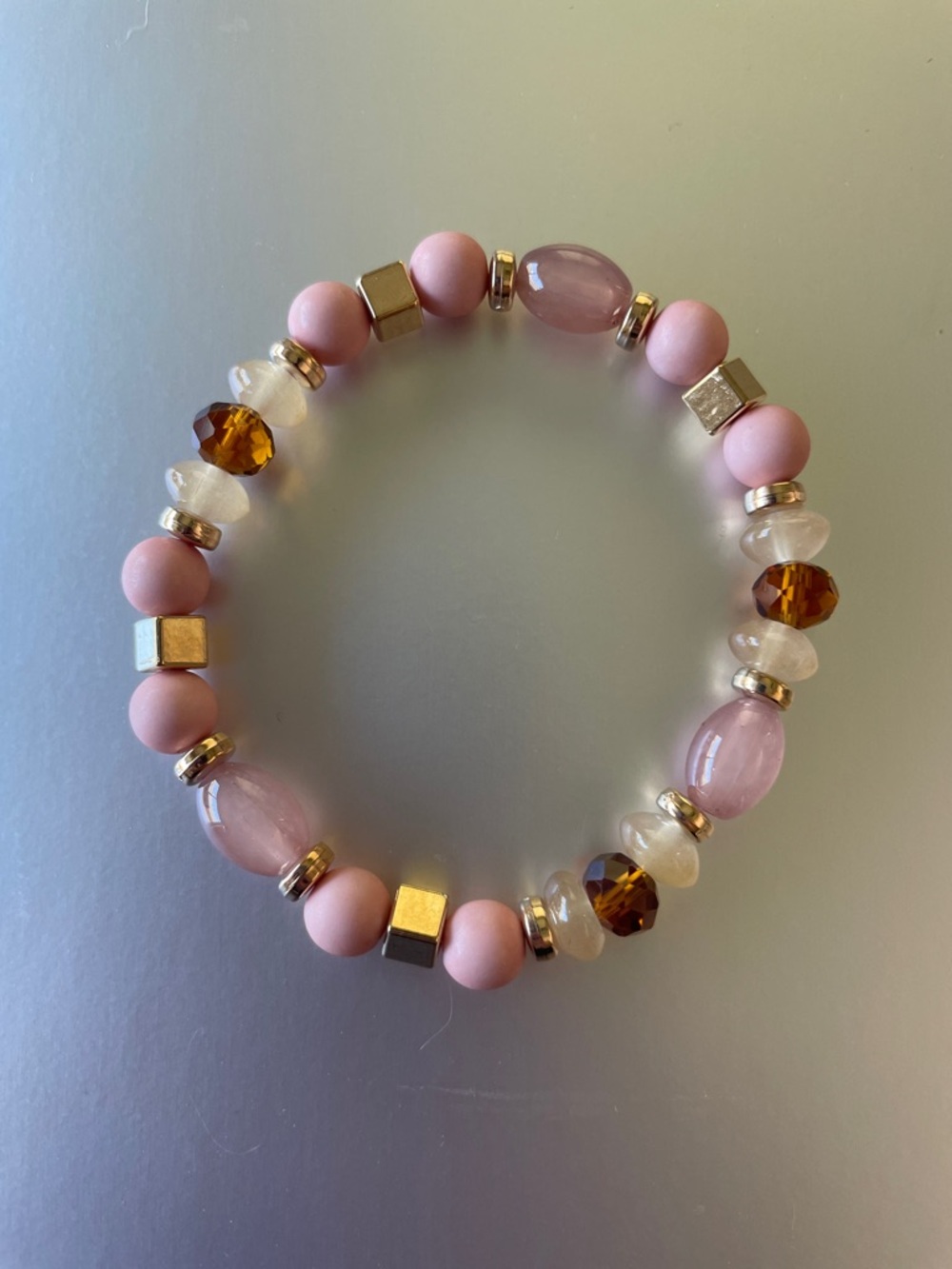 Rose Pink Beaded Bracelet with Gold Accents